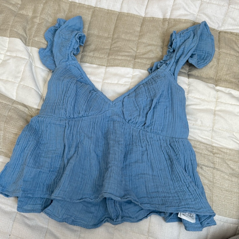 Hollister Easy Gauze Babydoll Top Flutter Sleeve Light Blue 657158726